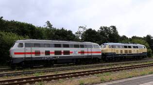 DB 218 341-6 + 315-0 auf Rangierfahrt im Bhf Niebll.