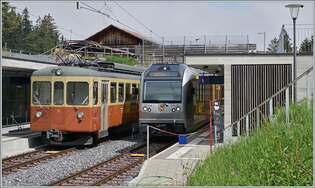  Mischbetrieb : in Winteregg kreuzen ich der BLM Be 4/4 31  Lisi  unterwegs nach Grtschalp und der BLS Be 4/6 101 Eiger auf der Fahrt nach Mrren.
