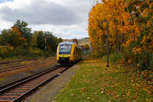 Herbst im Hellertal, der VT 205 ABp (95 80 0640 105-2 D-HEB), in Alstom Coradia LINT 27 der HLB (Hessische Landesbahn) / 3LnderBahn, erreicht am 14 Oktober 2025, als RB 96  Hellertalbahn“