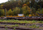 Der 150 t Gleis- und Eisenbahndrehkran (EDK) KIROW Multi Tasker KRC 1200, D-HGUI 99 80 9419 041-5 „IDEFIX“ der HERING Bahnbau GmbH in Burbach-Holzhausen, ist am 19 Oktober 2025 im Rbf