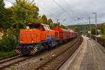 Die KSW 44 (92 80 1271 004-4 D-KSW) eine MaK G 1000 BB fhrt am 18 September 2025, mit der erste Fuhre Coilzug der KSW (Wagen der Gattung Shimmns), durch Bahnhof Kirchen/Sieg in Richtung