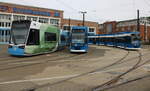 Wagen 602(6N2)sowie die Wagen 654 und 658 waren am Nachmittag des 11.07.2025 auf dem Betriebshof der Rostocker Straenbahn AG abgestellt.