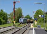 Unerwartet trifft  248 002 von Railsytems RP mit einem Holzzug aus Immendingen in Markdorf zur Kreuzung ein.