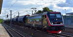 EBS - Erfurter Bahnservice GmbH, Erfurt [D] mit ihrer  187 420-5  [NVR-Nummer: 91 80 6187 420-5 D-EBS] und einem Ganzzug gedeckter Schttgutwagen am 16.07.25 Hhe Bahnhof Luckenwalde.