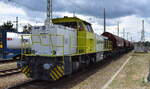 Regiobahn Bitterfeld Berlin GmbH, Bitterfeld [D] mit der angemieteten Mak G 1206 Lok  1120  [NVR-Nummer: 92 80 1275 820-9 D-RBB] und einem Ganzzug Schttgutwagen mit Schwenkdach am 30.07.25