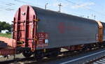 Franzsischer Drehgestell-Flachwagen mit Schiebeplane fr Coil-Transporte vom Einsteller ERMEWA SA mit der Nr.