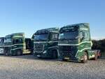 Zwei Volvo FH Sattelzugmaschinen und eine Mercedes Actros Sattelzugmaschine in Vojens.