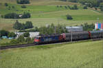 Re 6/6 11678 'Bassersdorf' mit Planenwagen bei Frick, Juni 2025.