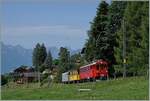 Ein kleiner Zug auf grosser Fahrt: Der RhB Bernina Bahn ABe 4/4 I N 35 der Blonay Chamby Bahn ist mit dem Bernina Bahn As2 und dem MOB B4 N 61 (beide auch Blonay-Chamby) als  Valrose