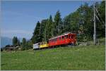 Ein kleiner Zug auf grosser Fahrt: Der RhB Bernina Bahn ABe 4/4 I N 35 der Blonay Chamby Bahn ist mit dem Bernina Bahn As2 und dem MOB B4 N 61 (beide auch Blonay-Chamby) als  Valrose