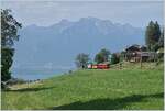 Ein kleiner Zug auf grosser Fahrt: Der RhB Bernina Bahn ABe 4/4 I N 35 der Blonay Chamby Bahn ist mit dem Bernina Bahn As2 und dem MOB B4 N 61 (beide auch Blonay-Chamby) als  Valrose