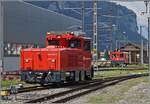 Whrend im Bahnhof von Meiringen im Hintergrund der Tm 106 002 rangiert, zeigt sich im Vordergrund die moderne Diesellok 104 003-9 der zb.