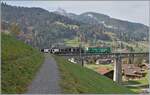 Kurz nach Gstaad fhrt die MOB Ge 4/4 8004  Swisstainable  mit ihrem GoldenPass Express auf der Fahrt von Interlaken nach Montreux ber den Grubenbach Viadukt.