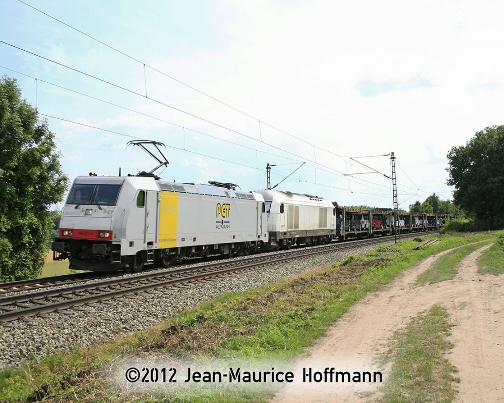 Die beiden PCT-Loks (185 637-6 & 223 xxx-x) kamen am 04.07.2012 mit einem VW-Autozug durch Vehrte in Richtung Bremen.