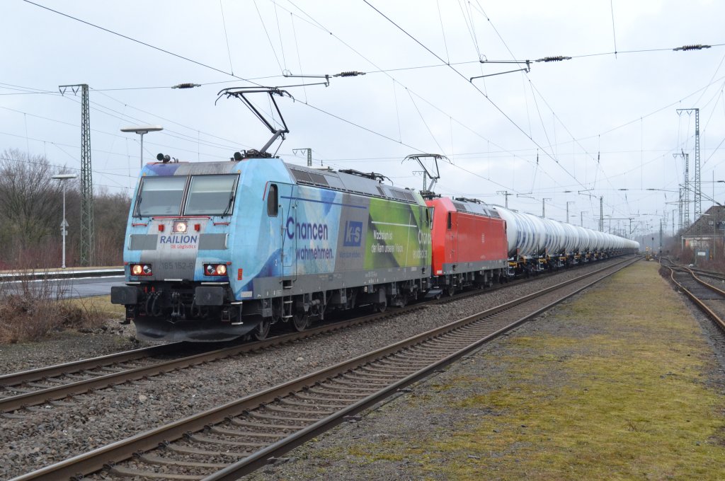 K+S Werbelok 185 152 und 185 162 mit neuen GATX-Kesselwagen am 29.2.12 in Oelde