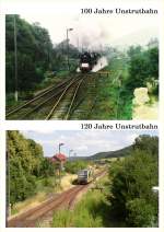 120 Jahre Unstrutbahn - Heute feiert  unsere  Eisenbahn Geburtstag. Das obere Bild zeigt einen Sonderzug zum 100. Geburtstag am 01.10.1989. Das untere Bild zeigt den Zugverkehr der heutigen Zeit, einen VT 672 der Burgenlandbahn). Beide Bilder wurden vom Stellwerk Lw in Laucha aufgenommen. (Fotomontage: Klaus Pollmcher)
