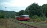 DB OBS 772 141-8 + 772 140-0 auf der Fahrt nach Artern bei der Ausfahrt in Nebra; 07.09.2008 (Foto: Tino Wldchen)