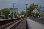 1462 003 muss einen havarierten Schwarzwaldbahnzug aushelfen. Hier kommt der Desiro zur Rheinbrücke Konstanz. Juli 2025.