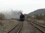 DR 41 1144-9 der IGE  Werrabahn Eisenach  e.V. mit dem Leerzug von Freyburg nach Karsdorf, bei der Einfahrt in den Bf Laucha (Unstrut); 26.10.2008 (Foto: Dieter Thomas)