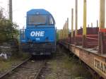 OHE 1028 (MAK G 2000BB mit asymetrischen Fhrerstnden) wartet am 23.10.09 in Arnsberg auf die Holzverladung.