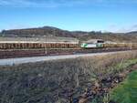 Am 31.01. 2025 ist der beladene Holzzug auf Gleis 3 im Bahnhof Arnsberg abgestellt. Die SETG 248 017-6 setzt sich über Gleis 2 an die Spitze des Zuges.