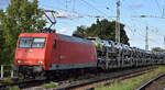 HSL Logistik GmbH, Hamburg [D] mit der geleasten Beacon Rail Leasing S.à r.l. Lok  145 091-5  [NVR-Number: 91 80 6145 091-5 D-BRLL] und einem PKW-Transportzug am 08.09.25 Höhe Bahnhof Magdeburg-Neustadt.