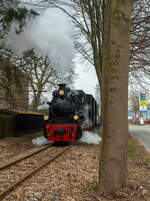 Die Jung Schmalspur Dampflok 20  Haspe  der Selfkantbahn bzw. Interessengemeinschaft Historischer Schienenverkehr e. V. (IHS) zieht ihren Personenzug am 31 März 2013 bei Birgden in Richtung Gillrath. 

Fahrzeuggeschichte:
Die Dampf-Tenderlokomotive wurde 1956 von der Arnold Jung Lokomotivfabrik GmbH, Jungenthal bei Kirchen an der Sieg unter der Fabriknummer 12783 und an die 900 mm-Werksbahn der Klöckner-Hütte in Hagen-Haspe. Im Zuge der Stillegung der Hasper Hütte kaufte die IHS 1972 auch die 20 und 21 und lies diese in der Werkstatt der DVG (Duisburger Verkehrsgesellschaft AG) auf 1.000 mm umspuren. 1980 Taufe auf den Namen „Haspe“.