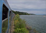Blick aus dem Zug mit 218 256. Entlang des Sees bei Sipplingen. Man beachte den hohen Wasserstand. Juli 2024.