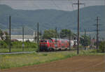 Freundlicherweise gibt es auch im Vorprogramm Regelverkehr mit musealer Bespannung, 218 429 schiebt drei Dostos nach Friedrichshafen. Wilchingen-Hallau, Mai 2025.