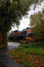 Baustelle Bahnhof Herdorf am 25 Oktober 2025, es schttete ohne Unterlass, dazu noch heftige Windben, aber die Arbeiten zur Erneuerung der Weiche 3 und der Rckbau mit Lckenschluss fr die drei aufeinander folgenden Weichen 22, 23 und 24 (Erneuerung Anschluss von Weiche 26 an Gleis 4) haben begonnen. So musste ich doch dem widrigen Wetter an die Strecke.

Hier die Vossloh G 12 – 4120 001-7 „Karl August“ (92 80 4120 001-7 D-KAF) der KAF Falkenhahn Bau AG mit einem Schotterzug. Der Zug besteht aus zweiachsigen Niederbordwagen der Gattung Klmos 702 der RailPro. 

brigens, die Lok trgt den Namen des Firmengrnders Karl August Falkenhahn, der die Baufirma 1919 in Kreuztal grndete. 

Die dieselhydraulische Vossloh G12 wurde 2010 von Vossloh in Kiel unter der Fabriknummer 5001919, als Prototyp gebaut und bereits auf der InnoTrans 2010 prsentiert, 2014 konnte ich sie selbst auf der InnoTrans 2014 als SLG Spitzke G 12 - SP - 012 (92 80 4120 001-7 D-VL) sehen und ablichten. Im Jahr 2017 wurde die Lok an die KAF Falkenhahn Bau AG (Kreuztal) verkauft. Aus Fachkreisen kann man hren, dass es wohl nicht so ein guter Wurf war und so bleibt diese G 12 ein Einzelstck. Lediglich von der diesel-elektrischen Variante (DE 12) wurden bisher 5 Stck gebaut. Die leistungsstrkere Serie G18 / DE 18 ist erheblich erfolgreicher.