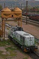 CFL Cargo 1109; Vossloh G 1000 BB; 92 80 1271 016-8 D-CFLCA, BJ 2004; Bau NR 5001541; Bau Art B’B-dh; seit 2021 an CFL Cargo vermietet, Steht bei der Besandungs Anlage in Esch-Belval. Aufgenommen in der Abstellung Esch Belval, von der Fahrrad und Fugnger Brcke Velodukt. 16.10.2025