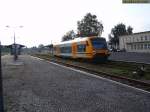 Vor ihrem Einsatzstart in Ostbrandenburg Ende 2004 waren die Regioshuttle der Ostdeutschen Eisenbahn (ODEG) bei der Muttergesellschaft Prignitzer Eisenbahn (PEG) im Testeinsatz, wie hier auf dem Bahnhof Pritzwalk. 