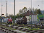 294 823 rangiert drei Kesselwagen zum Industriegleis. Rheinfelden, Oktober 2025.