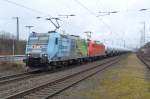 K+S Werbelok 185 152 und 185 162 mit neuen GATX-Kesselwagen am 29.2.12 in Oelde