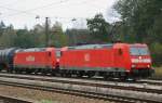 185 074-2 185 162-5 fuhren gemeinsam einen ler durch den Bahnhof Neuoffingen, Strecke Augsburg-Ulm. Aufgenommen am 20.10.09.