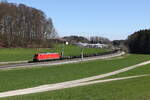 185 212 mit einem Stahlzug aus Freilassing kommend am 8. April 2025 bei Axdorf im Chiemgau.