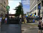 Links die S-Bahn mit dem neuem Namen  Brandenburger Tor , rechts der neue U-Bahnhof zu dem es etwas tiefer geht, hier wird die S-Bahn unterquert. Das gleichnamige Tor ist von hier nur wenige Fußschritte entfernt (Berlin Brandenburger Tor, 08.08.2009)