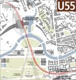 Die Berliner U-Bahn-Linie 55 und der Verlauf. Sie hat eine Länge von 1.800 Meter und weist eine Menge an Superlativen auf: Bauzeit 14 Jahre, Kosten ca. 320 Millionen Euro, erste Überlegungen 1919, Lückenanschluss an die U5 im Jahr 2017. Der Bahnhof  Bundestag  ist mit ca. 59 Millionen Euro der teuerste aller Berliner U-Bahnhöfe. Mit 11 Metern Höhe ist der Bahnhof  Hauptbahnhof  der höchste aller Berliner U-Bahnhöfe und wurde in der offenen Baugrube gebaut (Bild: Sansculotte, Lizenz: Creative Commons-Lizenz Attribution ShareAlike 2.5, die Originaldatei ist unter http://de.wikipedia.org/wiki/Datei:Berlin_u55.jpg zu finden)