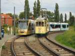 Gast-Tw 23 neben Combino in der Endstelle Viereckremise in Potsdam, September 2007