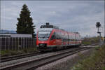 644 050 f�hrt rheinaufw�rts durch Warmbach beim dortigen Bahn�bergang. M�rz 2026.