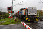 Auch bei Regen fahren Züge, so ging ich auch nochmal an die Strecke. Die KSW 42 bzw. 277 902-3 (92 80 1277 902-3 D-KSW) der KSW (Kreisbahn Siegen-Wittgenstein), fährt am 06 Oktober 2025, mit einem Coilzug durch Niederschelden/Niederschelder ...
