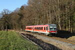 628 612 war am 18. Mrz 2025 auf der  Chiemgau-Bahn  zwischen Prien am Chiemsee und Aschau im Chiemgau unterwegs. Aufgenommen kurz vor dem Haltepunkt  Umratshausen-Ort .