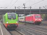 BR 182 517 (242.517) von FlixTrain warten das BR 101 104-8 mit Ihrem IC aus dem Bahnhof HH-Harburg Rausgefahren ist.  19.Oktober 2024