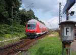 Ein Doppelstock Steuerwagen als RE 9 Gieen - Aachen Hbf bei der Einfahrt in Stolberg (Rheinl.) Hbf. 08.08.2008