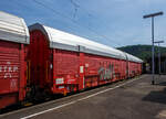 Vierachsiger zweigliedriger (2 x 2) geschlossener Doppelstock-Autotransportwaggon (Gedeckter Doppelstockwagen für den Fahrzeugtransport), 45 80 2909 075-0 D-TWA der Gattung/Bauart Hccrrs 332 der TWA - TRANSWAGGON GmbH (Hamburg), am 18 Juni 2025  ...
