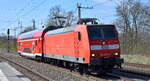 DB Regio AG - Region Südost, Fahrzeugnutzer: S-Bahn Dresden, Dresden mit ihrer  146 007-0  (NVR:  91 80 6146 007-0 D-DB ) und einem DB Regio Doppelstockwagen am Haken uf Betriebsfahrt am 10.04.25 Höhe Bahnhof Saarmund. 
