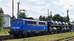 Eisenbahnbau- und Betriebsgesellschaft Pressnitztalbahn mbH, Jöhstadt (PRESS)mit ihrer  140 042-4  (NVR:  91 80 6140 834-3 D-PRESS ) und einem PKW-Transportzug (fabrikneue VW-Modelle) am 03.06.25 Höhe Bahnhof Stendal Hbf.