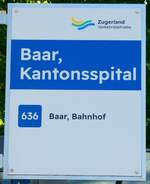 (279'393) - Zugerland Verkehrsbetriebe-Haltestellenschild - Baar, Kantonsspital - am 26. August 2025