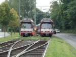 Zwei Doppeltraktionen aus Dsseldorfer Stadtbahnwagen GT8SU der Linie U 75 in der Abstellanlage am Neusser Hbf am 30.09.2004.