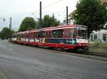 Eine Doppeltraktion aus Stadtbahnwagen B der Dsseldorfer Rheinbahn am Rheinbahnhaus in Oberkassel als Linie U 77 nach Dsseldorf-Holthausen am 11.06.2004.